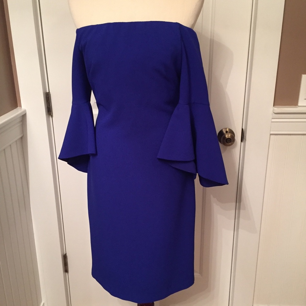 CHELSEA 28 NEW DRESS BLUE OFF SHOULDER FITTED SHEATH BELL SLEEVES Size 6 NWT